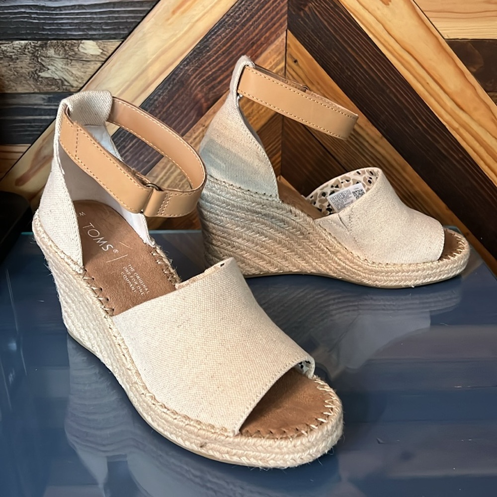 Tom’s Marisol Espadrille Wedge | Natural Oxford/Leather | Size 7.5